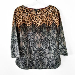 NWOT Ann Taylor Satin Blouse, Leopard & Lace Print, Black/Gold, XSP, 0P, 2P, 4P